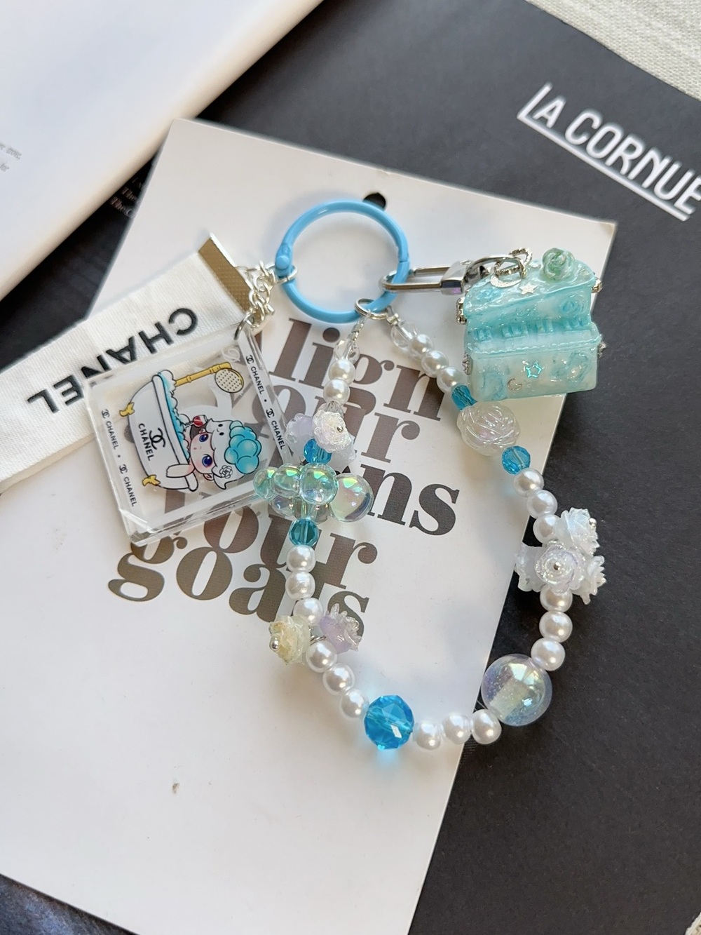 Authentic CC Ribbon with Blue Piano Charm Keyring with Beads & Tassels - Picture 3 of 3